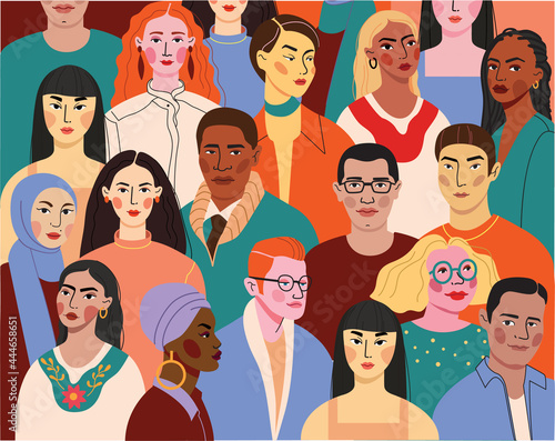 Crowd of young and elderly men and women in trendy hipster clothes. Diverse group of stylish people standing together. Society or population, social diversity. Flat cartoon vector illustration. stock  photo