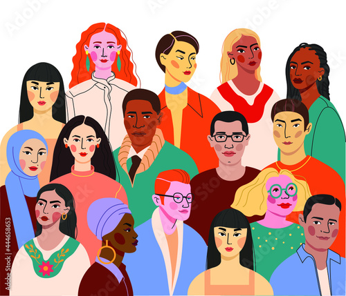 Crowd of young and elderly men and women in trendy hipster clothes. Diverse group of stylish people standing together. Society or population, social diversity. Flat cartoon vector illustration. stock 