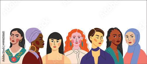 Multi-ethnic women. A group of beautiful women with different beauty, hair and skin color. The concept of women, femininity, diversity, independence and equality. Vector illustration. 