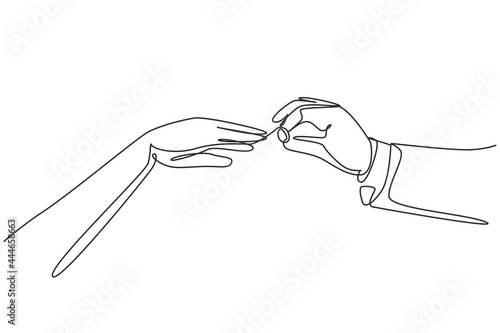 Single one line drawing groom puts ring on finger of bride. Bride and groom make vow of loyalty on their wedding day. Marriage ceremony celebration concept. Modern continuous line draw design graphic