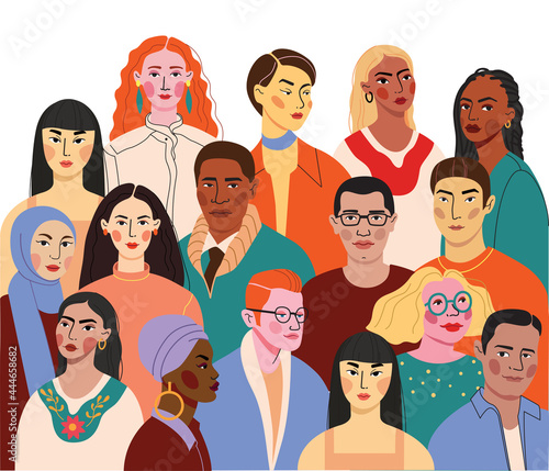 Crowd of young and elderly men and women in trendy hipster clothes. Diverse group of stylish people standing together. Society or population, social diversity. Flat cartoon vector illustration. stock 