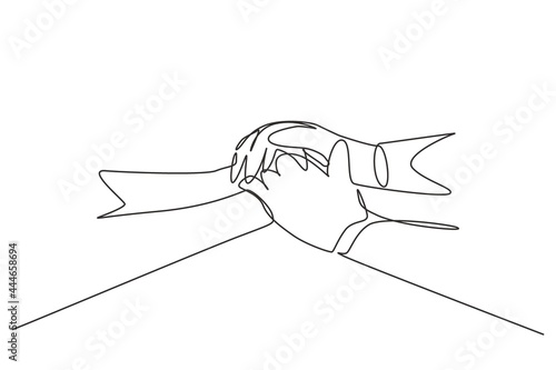 Single one line drawing old middle aged people holding hands close up view. Trust in happy marriage. Empathy hope understanding love for many years. Continuous line design graphic vector illustration
