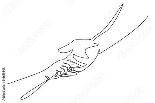 Continuous one line drawing father giving hand to child. Childhood with family. Daughter have bonding with her father. Hero father and family pride. Single line draw design vector graphic illustration