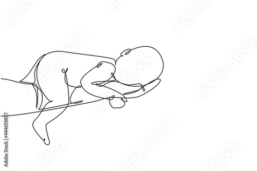 Single one line drawing beautiful new born baby resting on mom's hand. Tiny newborn baby's and female hands. Happy mom and her child. Modern continuous line draw design graphic vector illustration
