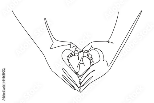 Single one line drawing baby's foot hold by father's hand finger making love shape. Beautiful sleeping baby girl. Newborn baby girl. Modern continuous line draw design graphic vector illustration