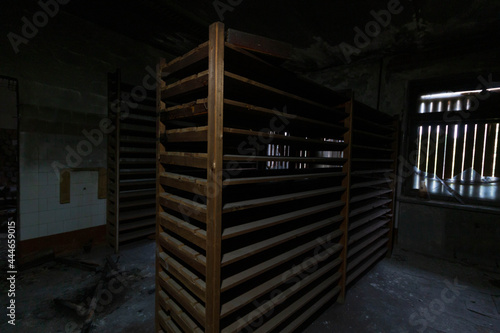 abandoned laboratory room with shelving