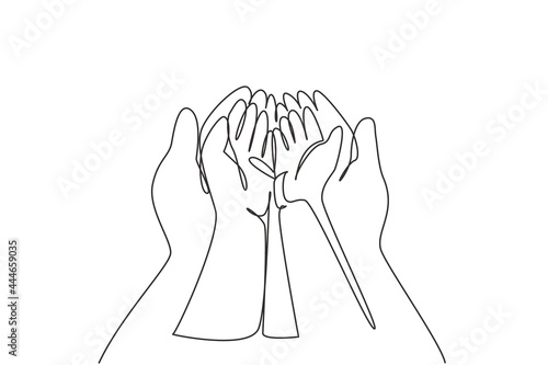 Single continuous line drawing baby hand. Close up of baby hands into mother hands. Tiny Newborn Baby's and female hands. Mom and her child. Dynamic one line draw graphic design vector illustration