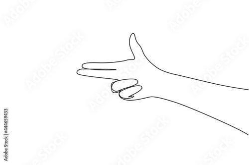 Continuous one line drawing hand gesturing fire gun weapon with fingers, aiming shoot symbol. Hand making gun gesture. Hand shot sign or symbol. Weapons by hand. Single line draw design vector graphic