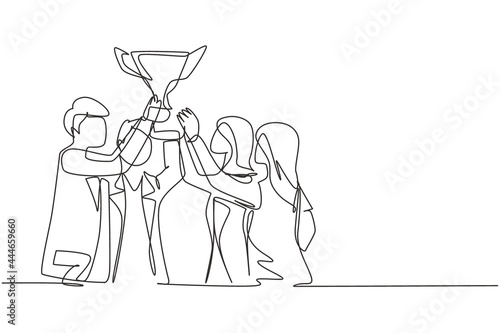 Single one line drawing young business team holding trophy showing success. Symbol of achievement and successful business performance. Modern continuous line draw design graphic vector illustration