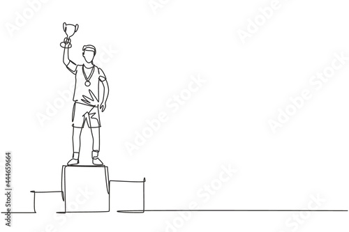 Single continuous line drawing male athlete wearing sports jersey lifting golden trophy with one hand on podium. Celebrating victory of competition. One line draw graphic design vector illustration