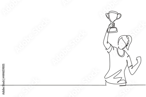 Single continuous line drawing female athlete in sports jersey holding gold trophy with one hand. Celebrating victory of national sports competition. One line draw graphic design vector illustration