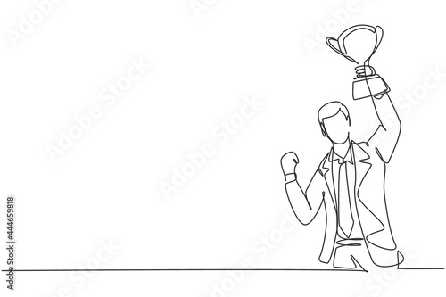 Single continuous line drawing young businessman holding golden trophy in one hand. Symbol of achievement and successful business performance. Dynamic one line draw graphic design vector illustration