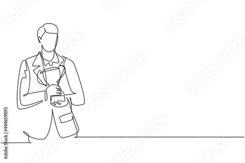 Single continuous line drawing young businessman wearing suit tie holding golden trophy with both hands. Symbol of achievement business performance. One line draw graphic design vector illustration