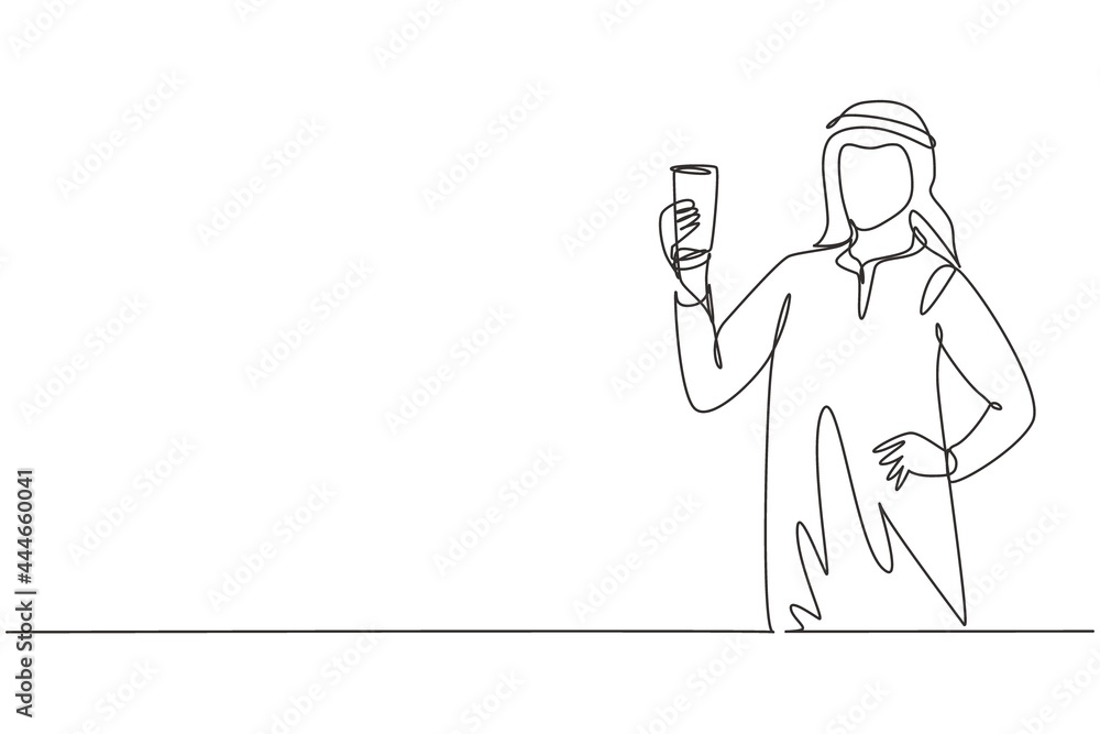 Continuous one line drawing portrait of happy young Arabian male holding glass of orange juice. Make him refreshing and enjoyment in summer season. Single line draw design vector graphic illustration