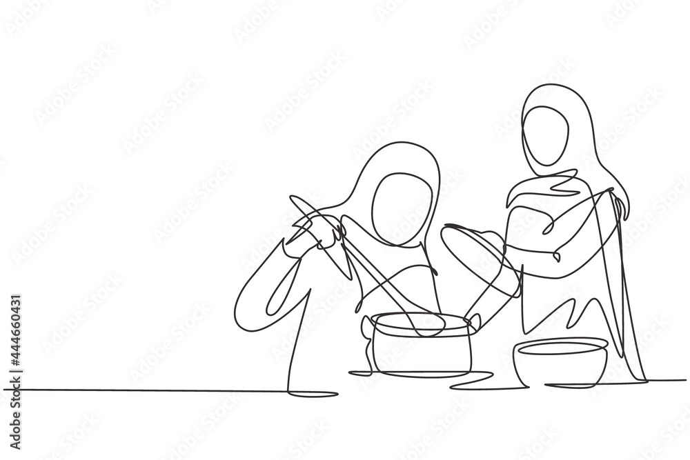 Continuous one line drawing two Arabian woman enjoying smell of cooking from pot. Prepare food at cozy kitchen. Cooking at home. Healthy food. Single line draw design vector graphic illustration Continuous one line drawing two Arabian woman enjoying smell of cooking from pot. Prepare food at cozy kitchen. Cooking at home. Healthy food. Single line draw design vector graphic illustration