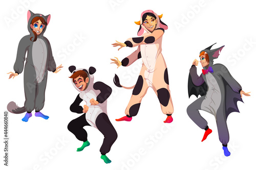 Characters in kigurumi, people in animal costumes on pajamas party. Vector cartoon set of happy men and women in funny pyjamas of cow, cat, bat and panda isolated on white background © klyaksun