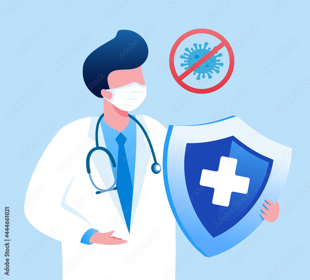 Doctor with shield flat vector illustration for banner Doctor with shield flat vector illustration for banner