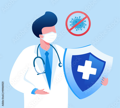 Doctor with shield flat vector illustration for banner