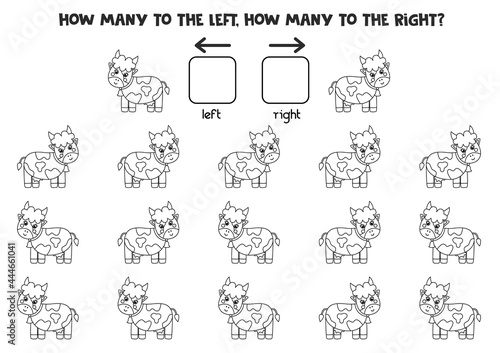 Left or right with black and white farm cow. Logical worksheet for preschoolers.