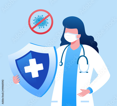 Doctor with shield flat vector illustration for banner