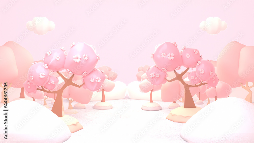 Cartoon pink cherry trees land. 3d rendered picture.