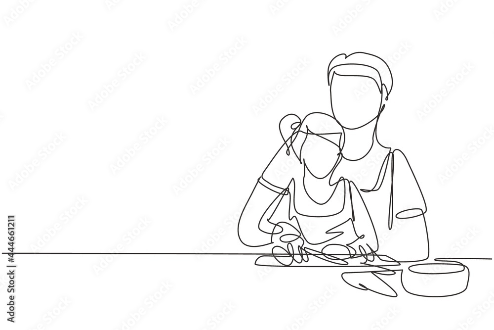 Single continuous line drawing father teaching his little daughter to cut vegetables and fruit. Healthy food at home. Happy family in kitchen. Dynamic one line draw graphic design vector illustration Single continuous line drawing father teaching his little daughter to cut vegetables and fruit. Healthy food at home. Happy family in kitchen. Dynamic one line draw graphic design vector illustration