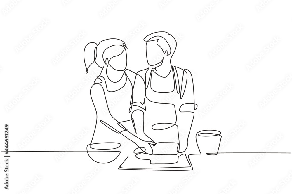 Single continuous line drawing romantic couple looking at each other while rolling soft dough during pastry preparation in cozy kitchen at home. Dynamic one line graphic design vector illustration Single continuous line drawing romantic couple looking at each other while rolling soft dough during pastry preparation in cozy kitchen at home. Dynamic one line graphic design vector illustration