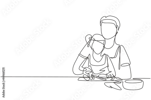 Single continuous line drawing father teaching his little daughter to cut vegetables and fruit. Healthy food at home. Happy family in kitchen. Dynamic one line draw graphic design vector illustration