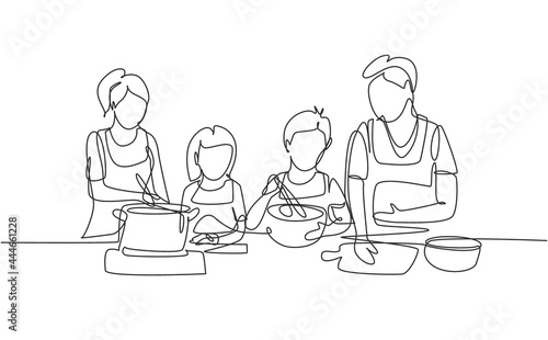Continuous one line drawing happy family mom, dad, little daughter and son are cooking food in kitchen together, kitchenware, crockery, house, home. Single line draw design vector graphic illustration
