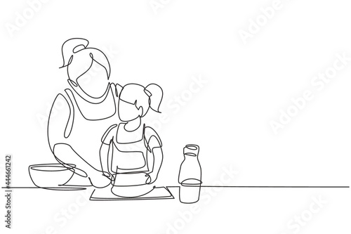 Single continuous line drawing beautiful young mom and her cute little daughter are playing and smiling while baking in kitchen at home. Dynamic one line draw graphic design vector illustration