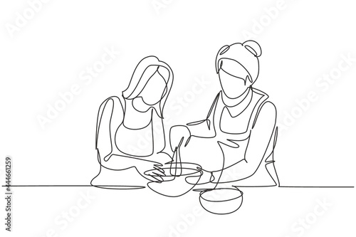 Single one line drawing happy family grandmother mother-in-law and daughter-in-law daughter knead cake dough using manual hand mixer. Modern continuous line draw design graphic vector illustration