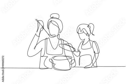 Continuous one line drawing little daughter holding pan lid and her beautiful mom tasting food using cooking spoon. Cooking together in kitchen. Single line draw design vector graphic illustration
