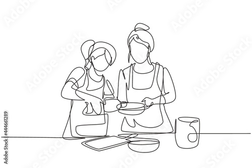 Single one line drawing mother and daughter pour oil into pan which is being held by one of them. Cooking preparation in cozy kitchen at home. Continuous line draw design graphic vector illustration