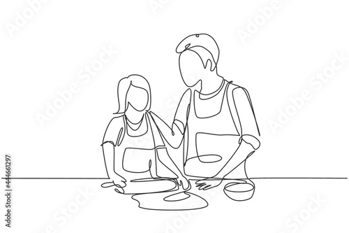 Single one line drawing happy father and daughter wearing apron cook in kitchen. Enjoying kneading cake dough or bakery together at home. Modern continuous line draw design graphic vector illustration