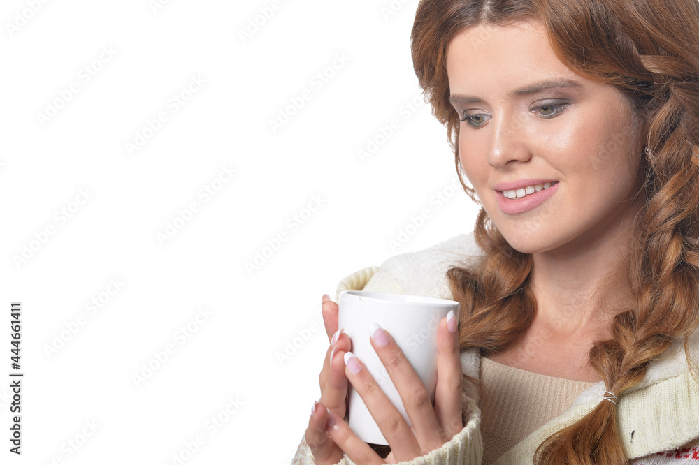 portrait of beautiful woman holding white cup portrait of beautiful woman holding white cup