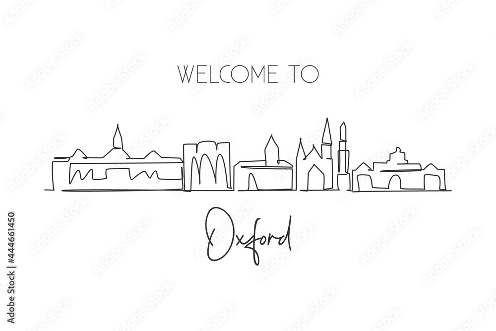 Single one line drawing Oxford city skyline, Ohio. World historical town landscape. Best holiday destination postcard print. Editable stroke trendy continuous line draw design vector illustration