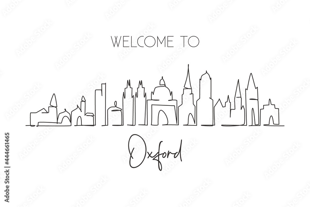 Single continuous line drawing Oxford skyline, England. Famous city scraper landscape gallery. World travel home wall decor art poster print concept. Modern one line draw design vector illustration Single continuous line drawing Oxford skyline, England. Famous city scraper landscape gallery. World travel home wall decor art poster print concept. Modern one line draw design vector illustration