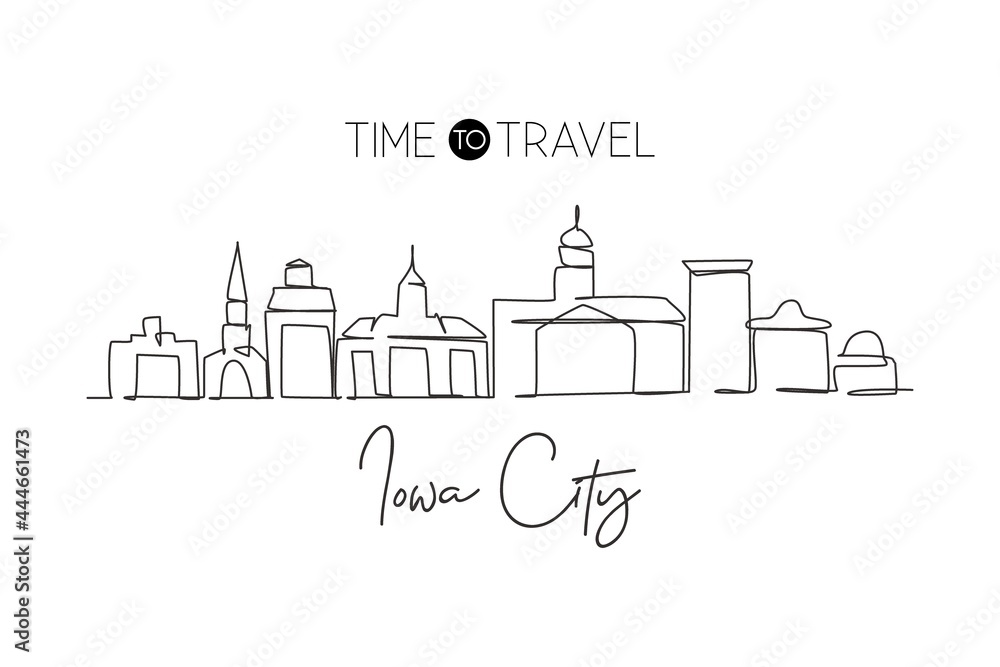Single continuous line drawing Iowa City skyline. Famous city scraper landscape in United States. World travel home wall decor art poster print concept. Modern one line draw design vector illustration