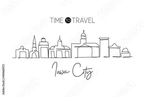 Single continuous line drawing Iowa City skyline. Famous city scraper landscape in United States. World travel home wall decor art poster print concept. Modern one line draw design vector illustration