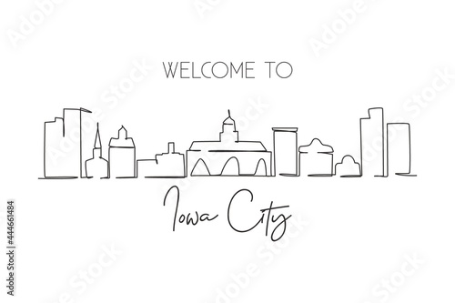 Continuous one line drawing Iowa City skyline. Beautiful landmark gallery artwork. World landscape tourism travel wall decor poster print art. Stylish single line draw design vector illustration