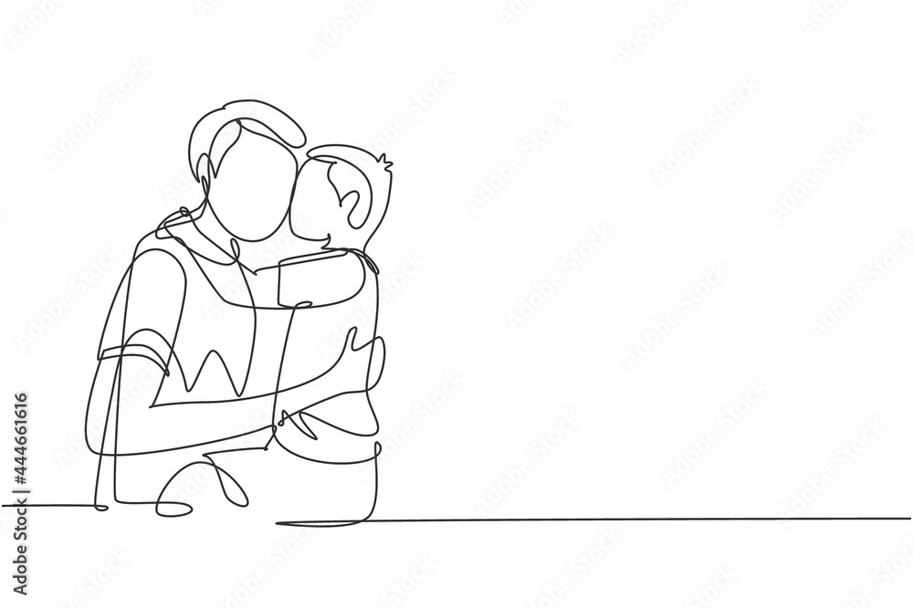 Single one line drawing sweet little boy is hugging and kissing his handsome daddy in cheek while sitting on bed at home. Fathers day. Modern continuous line draw design graphic vector illustration Single one line drawing sweet little boy is hugging and kissing his handsome daddy in cheek while sitting on bed at home. Fathers day. Modern continuous line draw design graphic vector illustration