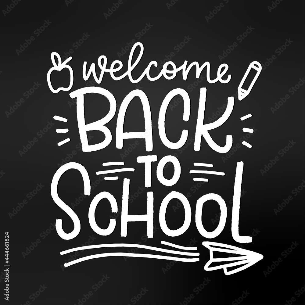 Welcome back to school vector lettering graphic with chalkboard background, apple, pencil and paper plane clipart for kids, elementary school students. Welcome back to school vector lettering graphic with chalkboard background, apple, pencil and paper plane clipart for kids, elementary school students.
