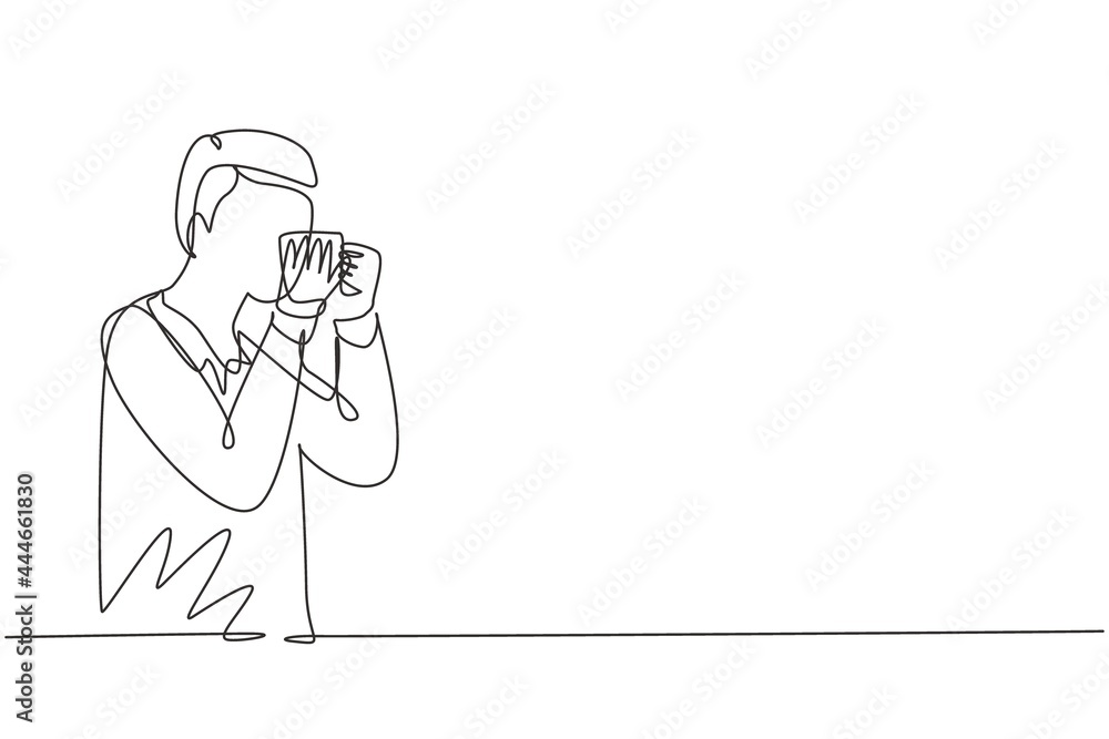 Single one line drawing young man kissing cup in happy mood. Product photo session with a model to introduce the latest beverage brand. Modern continuous line draw design graphic vector illustration Single one line drawing young man kissing cup in happy mood. Product photo session with a model to introduce the latest beverage brand. Modern continuous line draw design graphic vector illustration