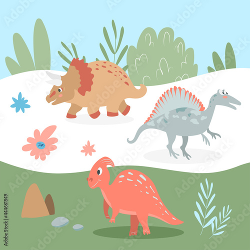 Set of cute carnivorous and herbivorous dinosaurs on the background of nature. Vector illustration in cartoon style for kids