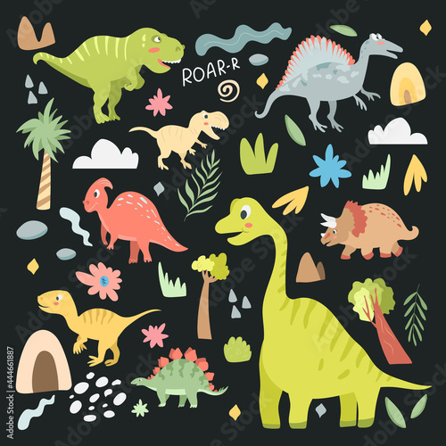 Set of cute carnivorous and herbivorous dinosaurs isolated on dark background. Vector illustration in cartoon style for kids © Екатерина Великая