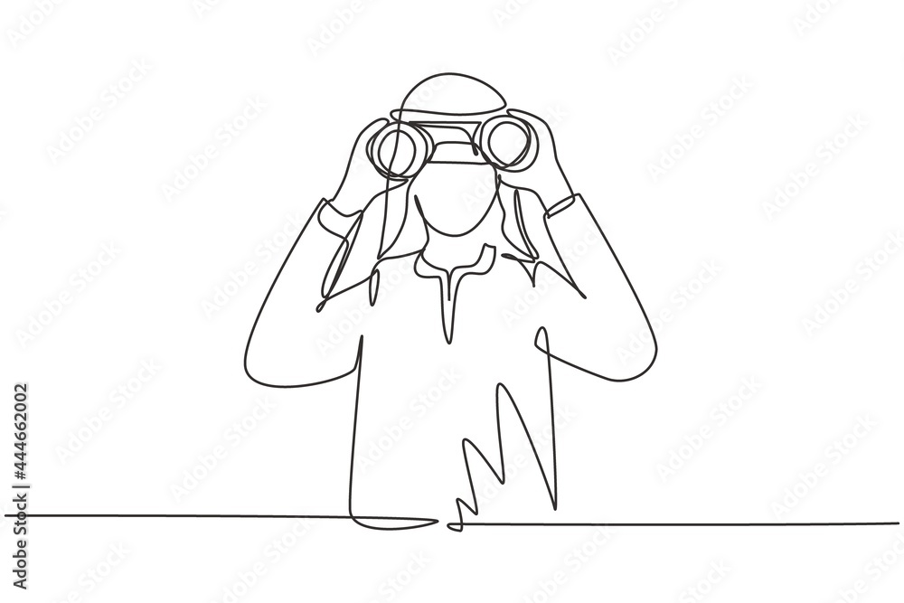 Single one line drawing Arabian businessman looking through binoculars searching for job. Find all opportunities in the world of suitable jobs. Continuous line draw design graphic vector illustration Single one line drawing Arabian businessman looking through binoculars searching for job. Find all opportunities in the world of suitable jobs. Continuous line draw design graphic vector illustration
