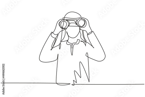 Single one line drawing Arabian businessman looking through binoculars searching for job. Find all opportunities in the world of suitable jobs. Continuous line draw design graphic vector illustration