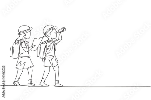 Continuous one line drawing scout boy and girl with binoculars and map. Children scout adventure camping concept. Hiking recreational tourism group. Single line draw design vector graphic illustration