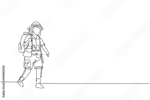 Continuous one line drawing girl wearing safari outfit complete with hat carrying bag and draping binoculars. Little adventurer learns about nature. Single line draw design vector graphic illustration