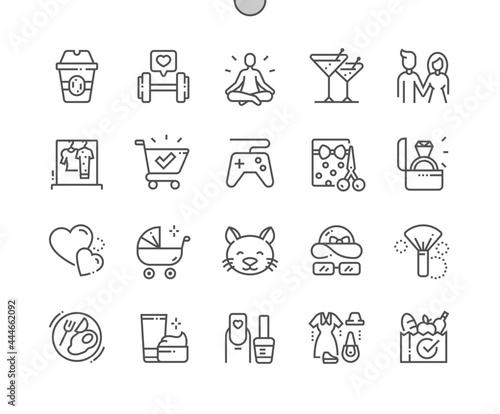 Social media Highlights. It is well suited for bloggers. Story. Coffee time, family, beauty, manicure, pets and other. Pixel Perfect Vector Thin Line Icons. Simple Minimal Pictogram